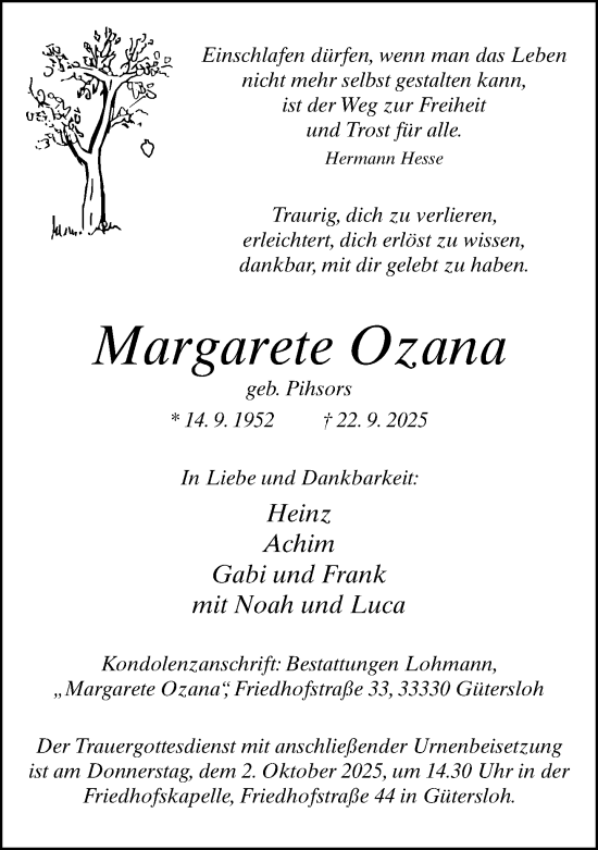 Traueranzeige von Margarete Ozana von Neue Westfälische und Westfalen-Blatt