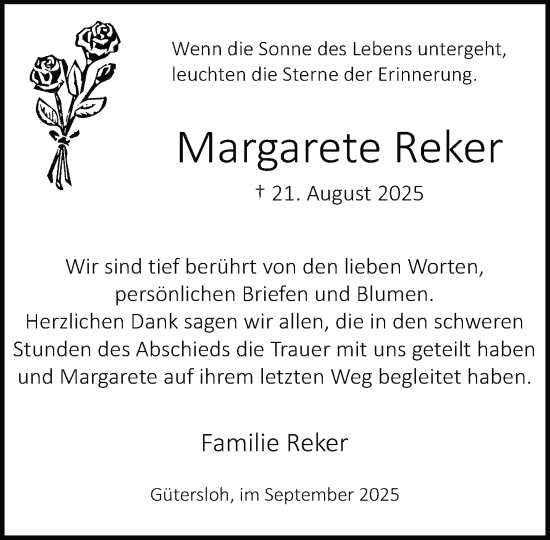 Traueranzeige von Margarete Reker von Neue Westfälische und Westfalen-Blatt