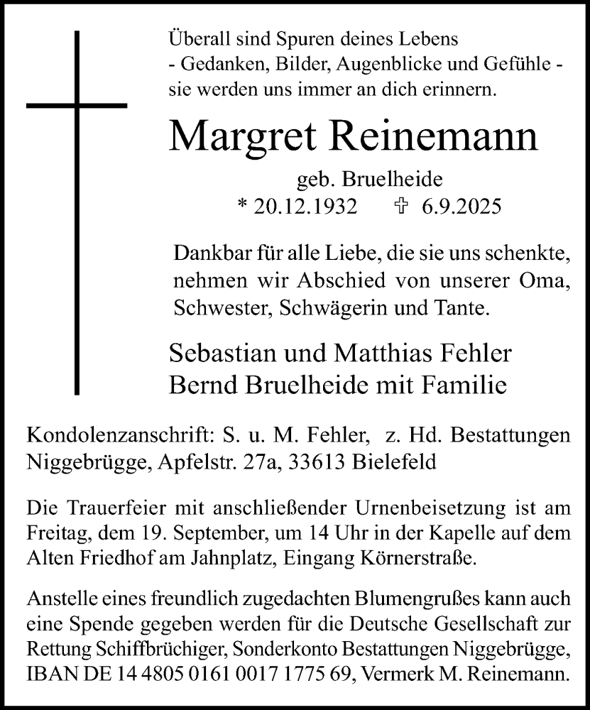  Traueranzeige für Margret Reinemann vom 13.09.2025 aus Neue Westfälische und Westfalen-Blatt