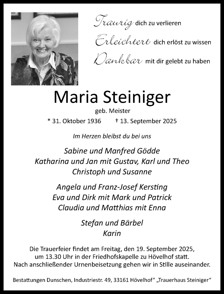  Traueranzeige für Maria Steiniger vom 17.09.2025 aus Neue Westfälische und Westfalen-Blatt