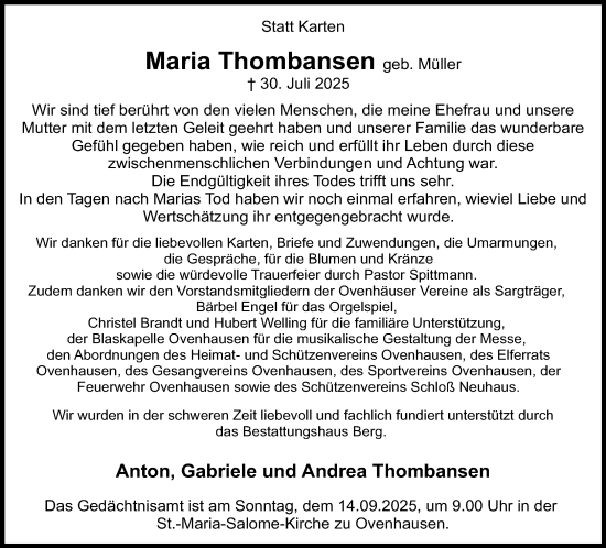 Traueranzeige von Maria Thombansen von Neue Westfälische und Westfalen-Blatt