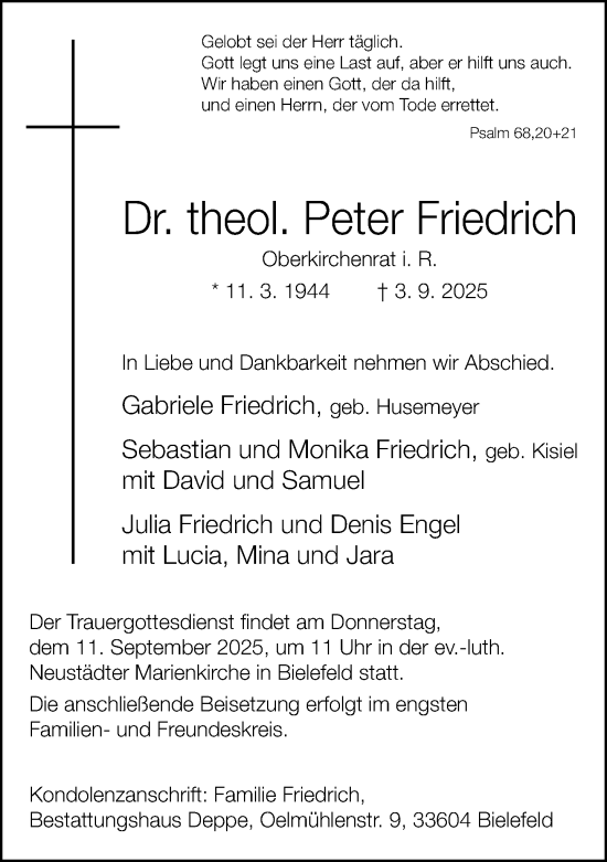 Traueranzeige von Peter Friedrich von Neue Westfälische und Westfalen-Blatt