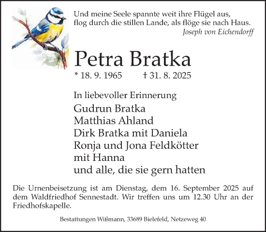 Traueranzeige von Petra Bratka von Neue Westfälische und Westfalen-Blatt