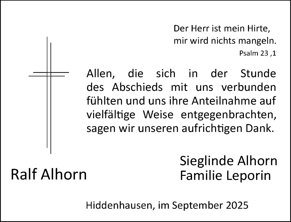  Traueranzeige für Ralf Alhorn vom 27.09.2025 aus Neue Westfälische und Westfalen-Blatt