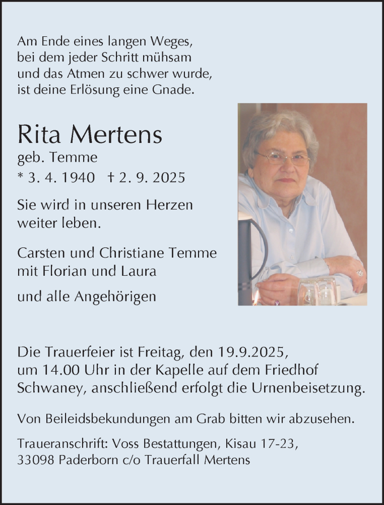 Traueranzeige für Rita Mertens vom 06.09.2025 aus Neue Westfälische und Westfalen-Blatt