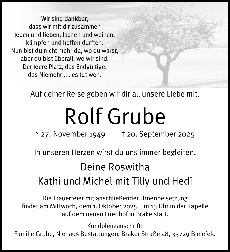 Traueranzeige für Rolf Grube vom 27.09.2025 aus Neue Westfälische und Westfalen-Blatt