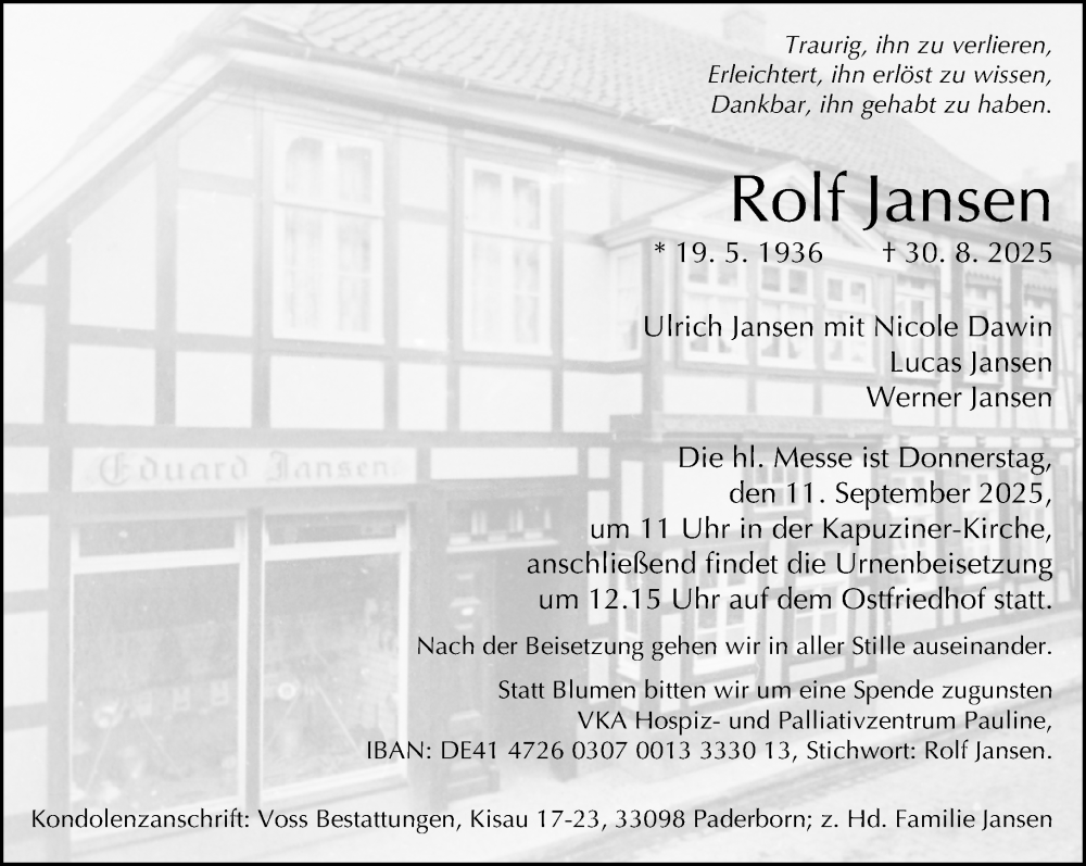  Traueranzeige für Rolf Jansen vom 06.09.2025 aus Neue Westfälische und Westfalen-Blatt