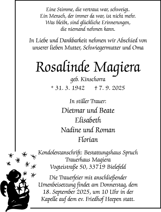Traueranzeige von Rosalinde Magiera von Neue Westfälische und Westfalen-Blatt