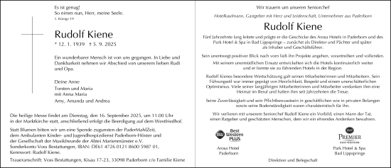 Traueranzeige von Rudolf Kiene von Neue Westfälische und Westfalen-Blatt