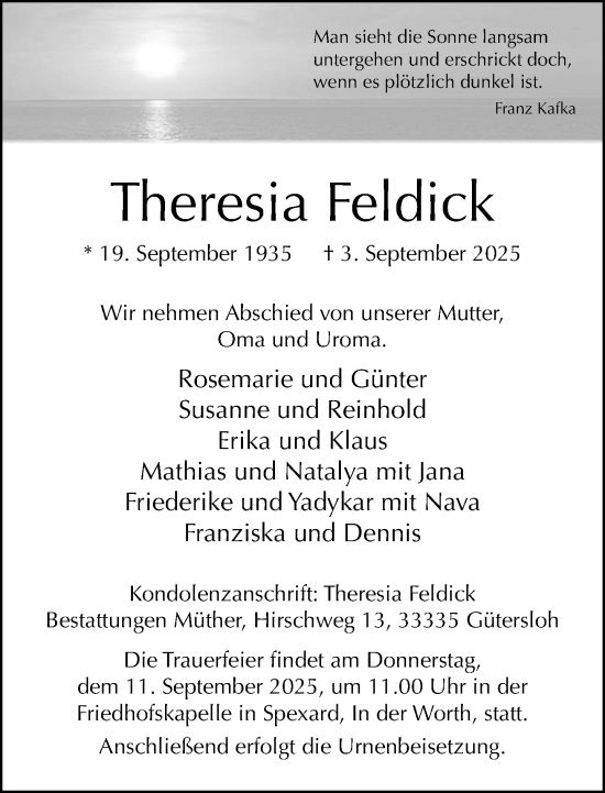 Traueranzeige von Theresia Feldick von Neue Westfälische und Westfalen-Blatt