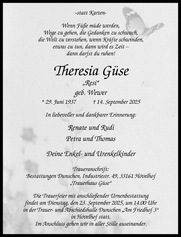  Traueranzeige für Theresia Güse vom 17.09.2025 aus Neue Westfälische und Westfalen-Blatt