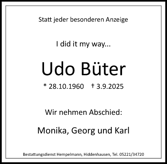 Traueranzeige von Udo Büter von Neue Westfälische und Westfalen-Blatt