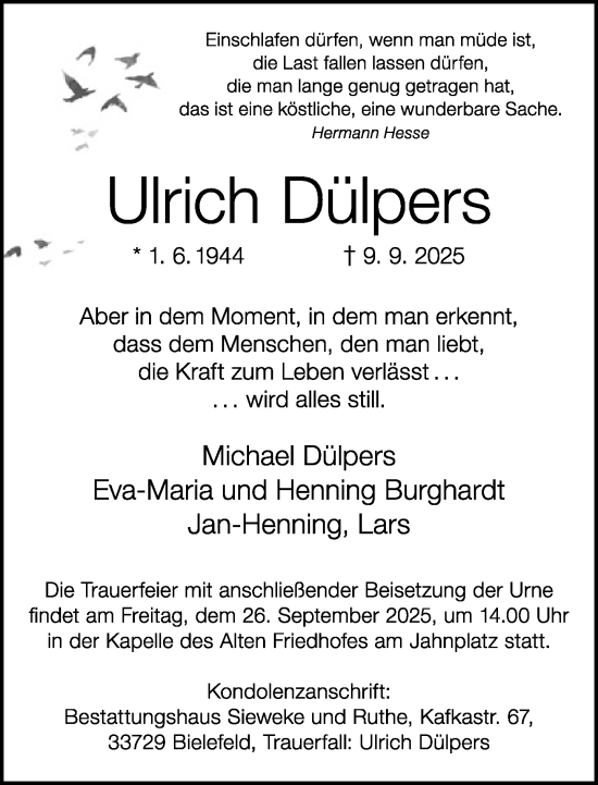 Traueranzeige von Ulrich Dülpers von Neue Westfälische und Westfalen-Blatt