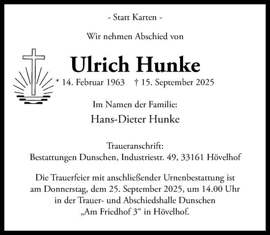 Traueranzeige von Ulrich Hunke von Neue Westfälische und Westfalen-Blatt