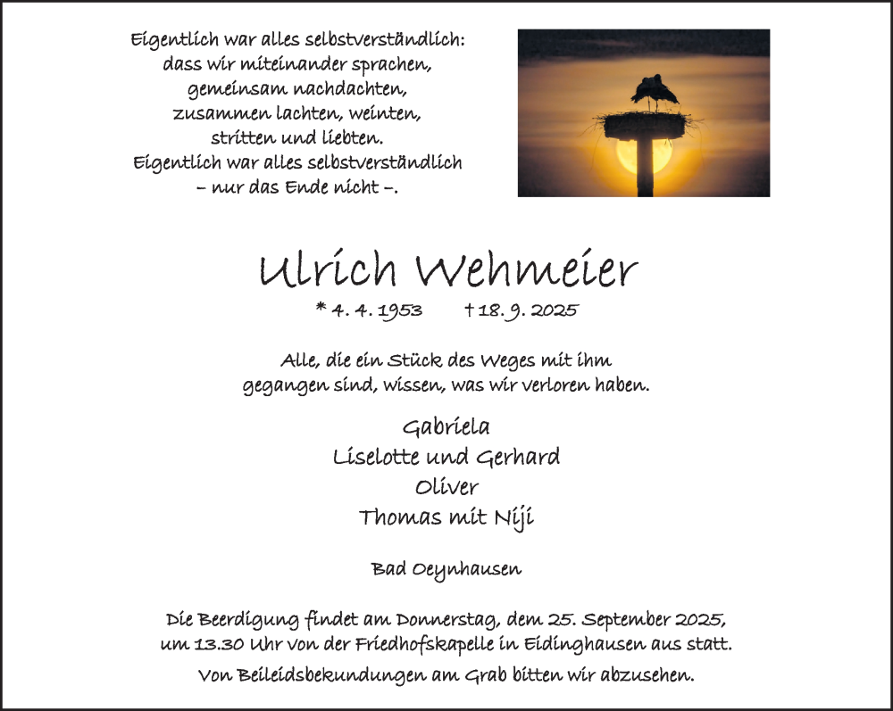  Traueranzeige für Ulrich Wehmeier vom 23.09.2025 aus Neue Westfälische und Westfalen-Blatt