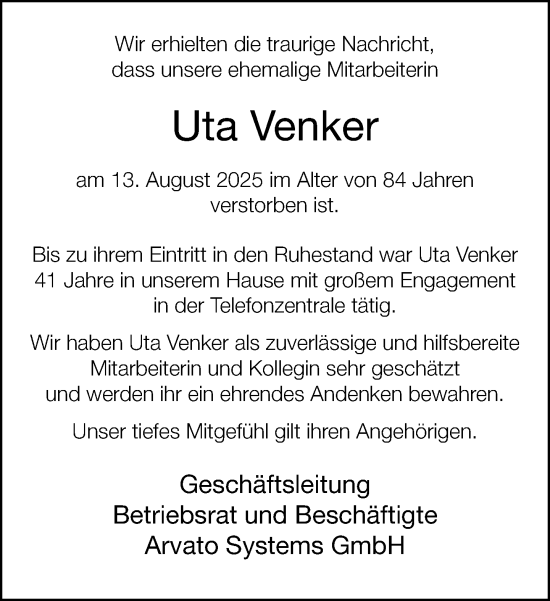 Traueranzeige von Uta Venker von Neue Westfälische und Westfalen-Blatt