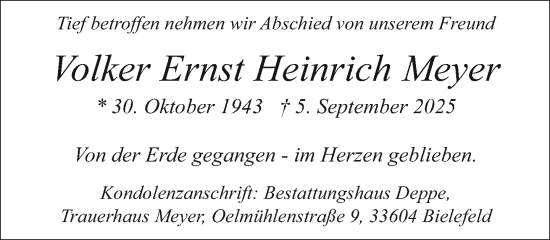 Traueranzeige von Volker Ernst Heinrich Meyer von Neue Westfälische und Westfalen-Blatt