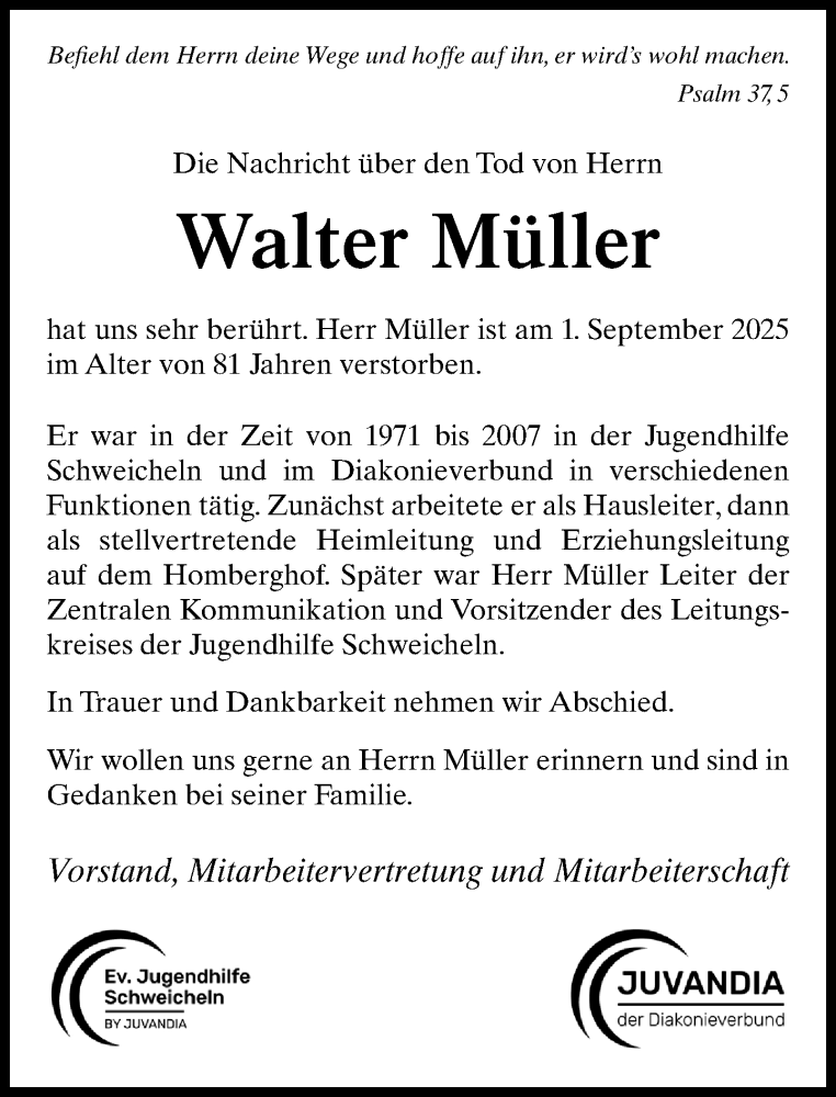  Traueranzeige für Walter Müller vom 20.09.2025 aus Neue Westfälische und Westfalen-Blatt