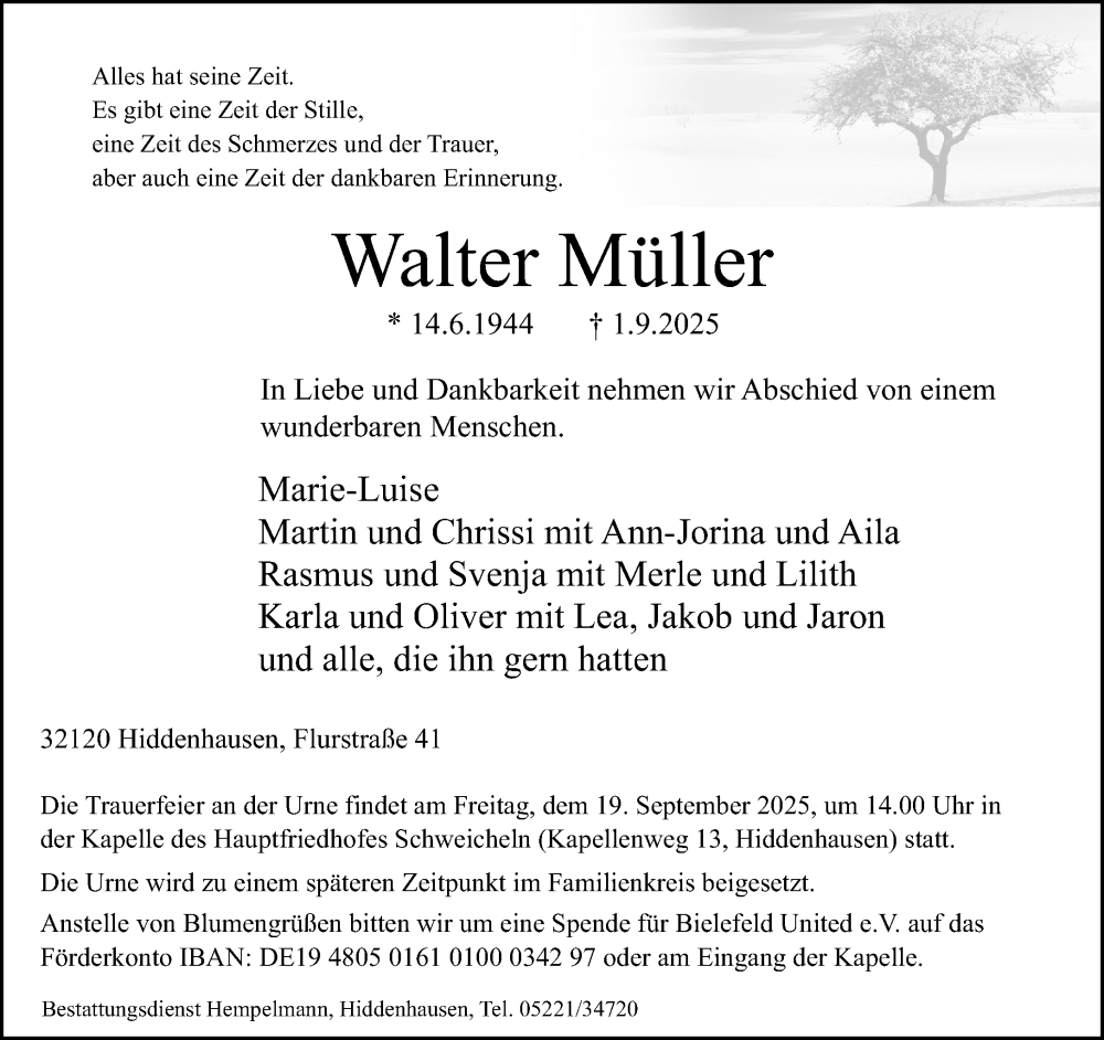  Traueranzeige für Walter Müller vom 06.09.2025 aus Neue Westfälische und Westfalen-Blatt