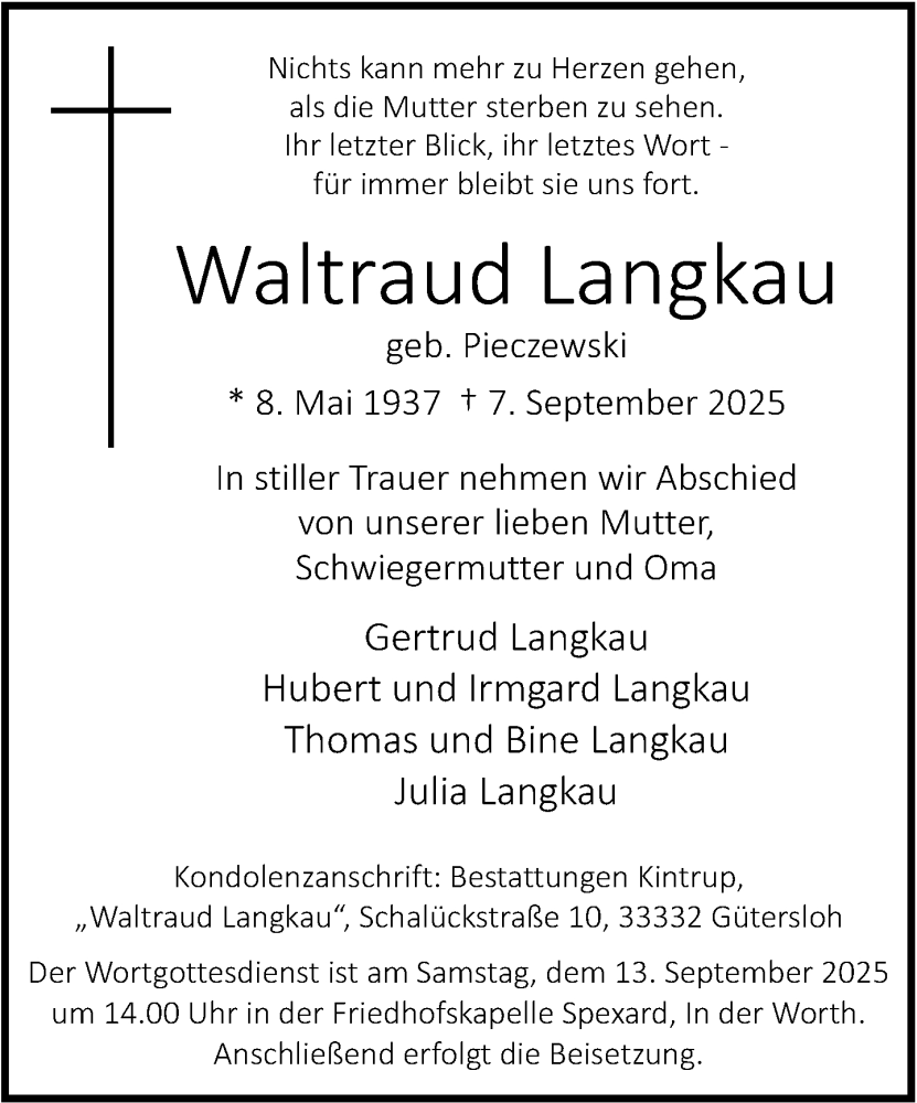  Traueranzeige für Waltraud Langkau vom 10.09.2025 aus Neue Westfälische und Westfalen-Blatt