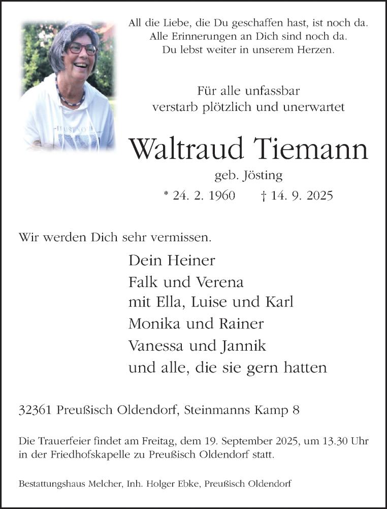  Traueranzeige für Waltraud Tiemann vom 17.09.2025 aus Neue Westfälische und Westfalen-Blatt