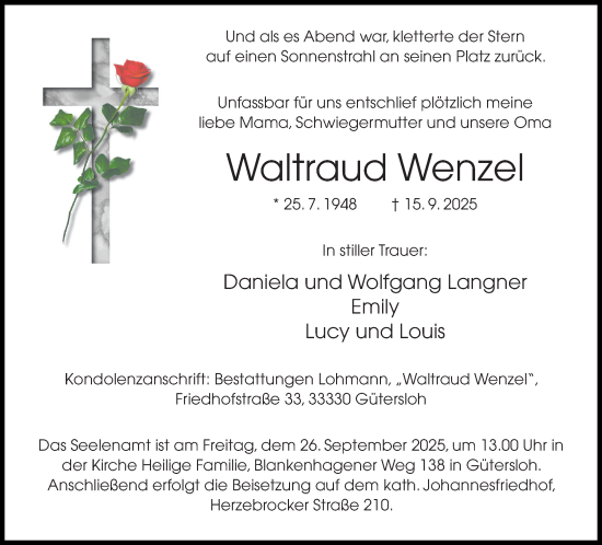 Traueranzeige von Waltraud Wenzel von Neue Westfälische und Westfalen-Blatt