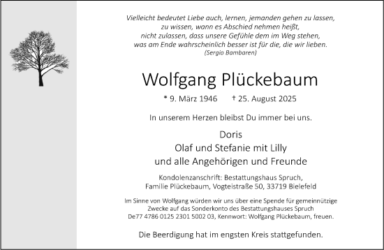 Traueranzeige von Wolfgang Plückebaum von Neue Westfälische und Westfalen-Blatt