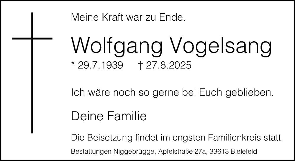  Traueranzeige für Wolfgang Vogelsang vom 03.09.2025 aus Neue Westfälische und Westfalen-Blatt