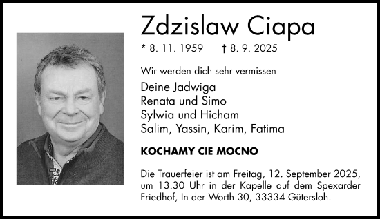 Traueranzeige von Zdzislaw Ciapa von Neue Westfälische und Westfalen-Blatt