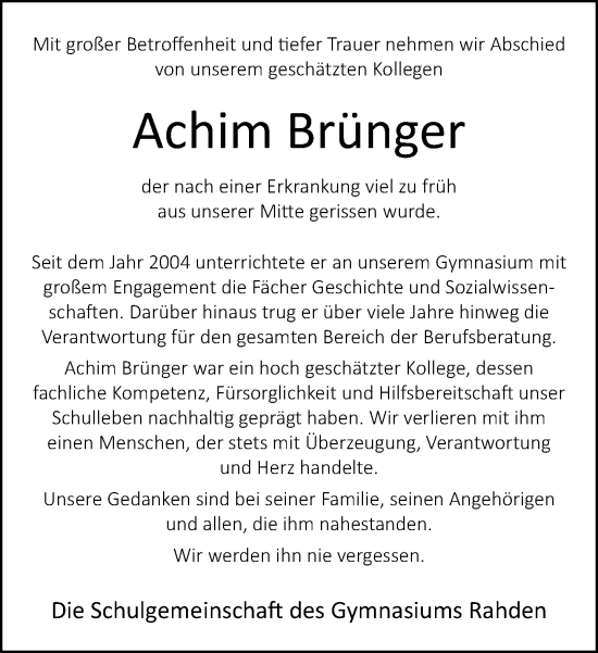 Traueranzeige von Achim Brünger von Neue Westfälische und Westfalen-Blatt