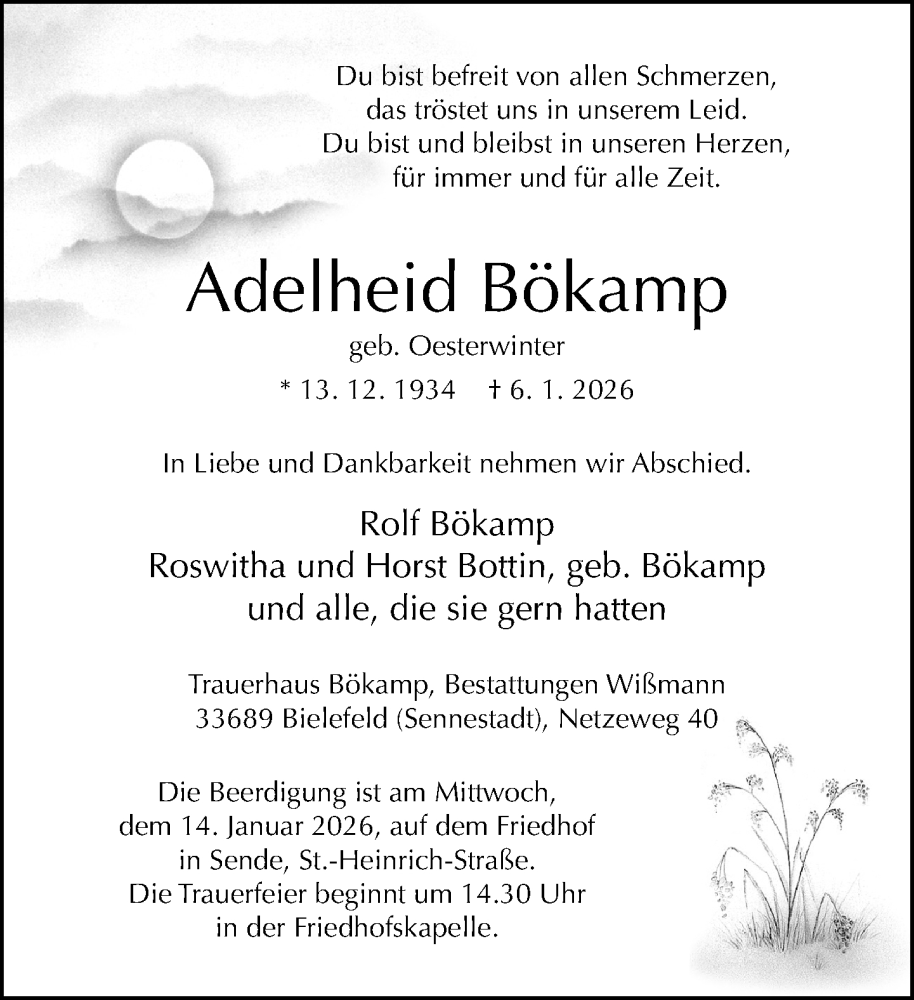 Traueranzeige für Adelheid Bökamp vom 13.01.2026 aus Neue Westfälische und Westfalen-Blatt