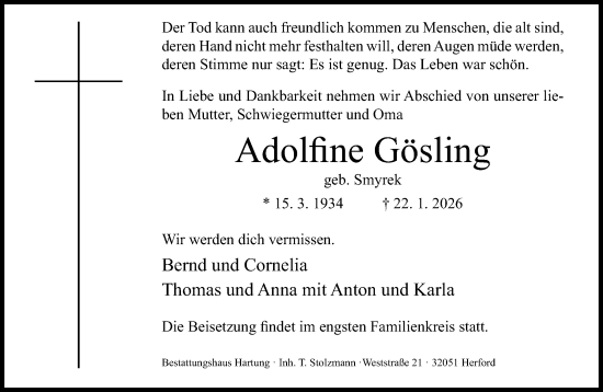 Traueranzeige von Adolfine Gösling von Neue Westfälische und Westfalen-Blatt