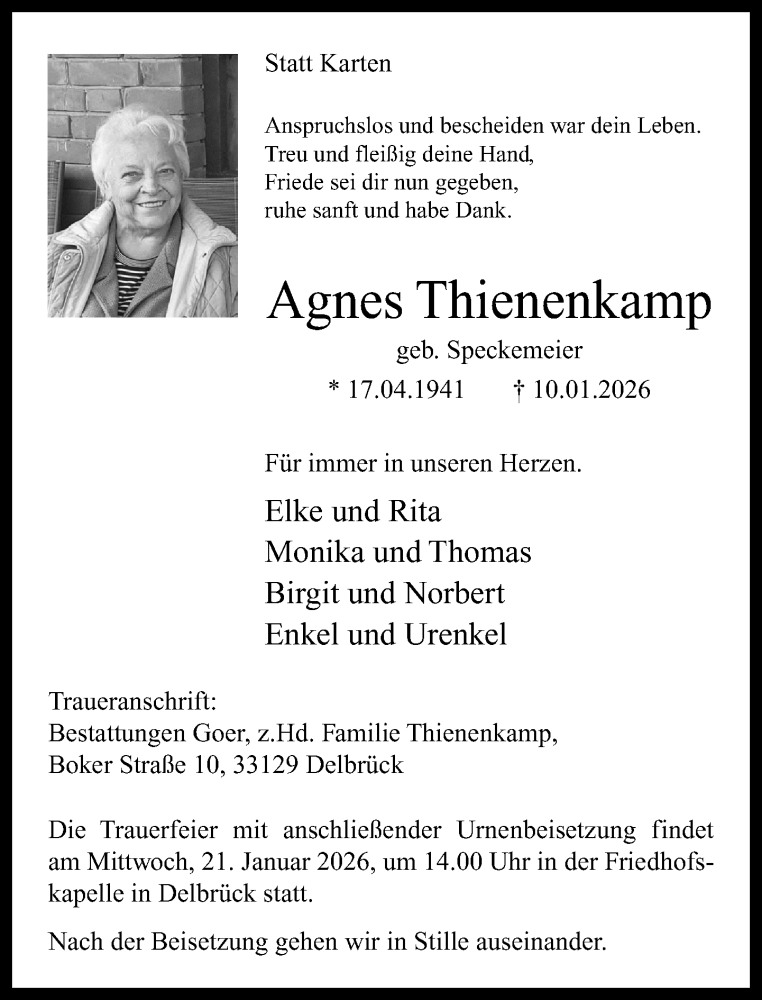  Traueranzeige für Agnes Thienenkamp vom 17.01.2026 aus Neue Westfälische und Westfalen-Blatt
