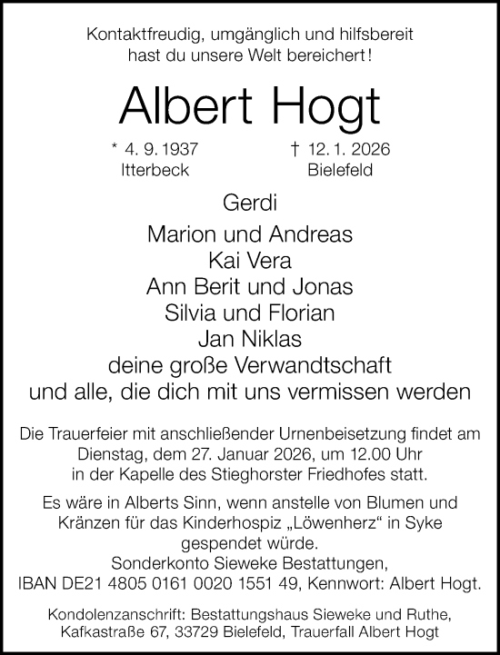 Traueranzeige von Albert Hogt von Neue Westfälische und Westfalen-Blatt