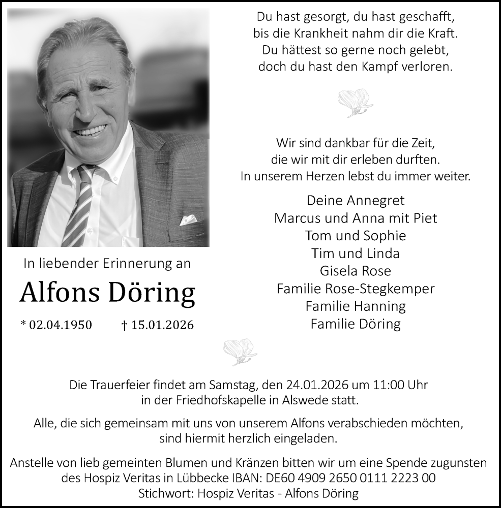  Traueranzeige für Alfons Döring vom 20.01.2026 aus Neue Westfälische und Westfalen-Blatt