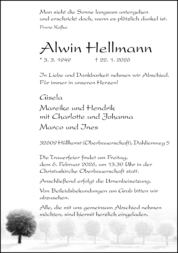  Traueranzeige für Alwin Hellmann vom 31.01.2026 aus Neue Westfälische und Westfalen-Blatt