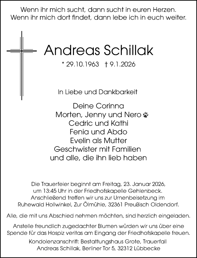  Traueranzeige für Andreas Schillak vom 17.01.2026 aus Neue Westfälische und Westfalen-Blatt