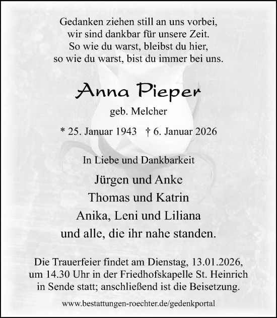 Traueranzeige von Anna Pieper von Neue Westfälische und Westfalen-Blatt