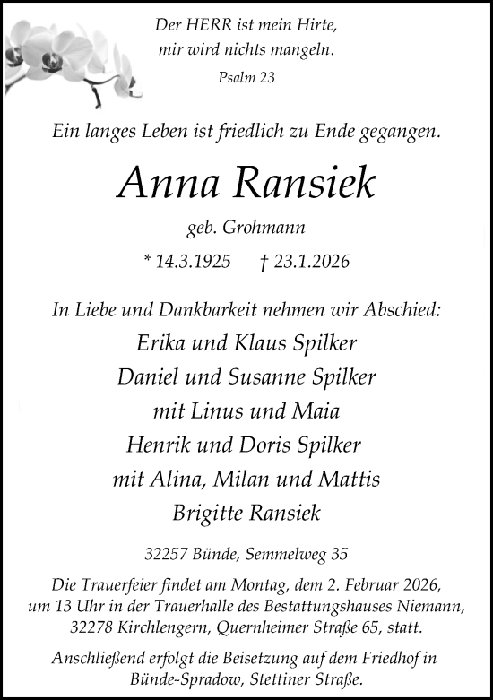 Traueranzeige von Anna Ransiek von Neue Westfälische und Westfalen-Blatt