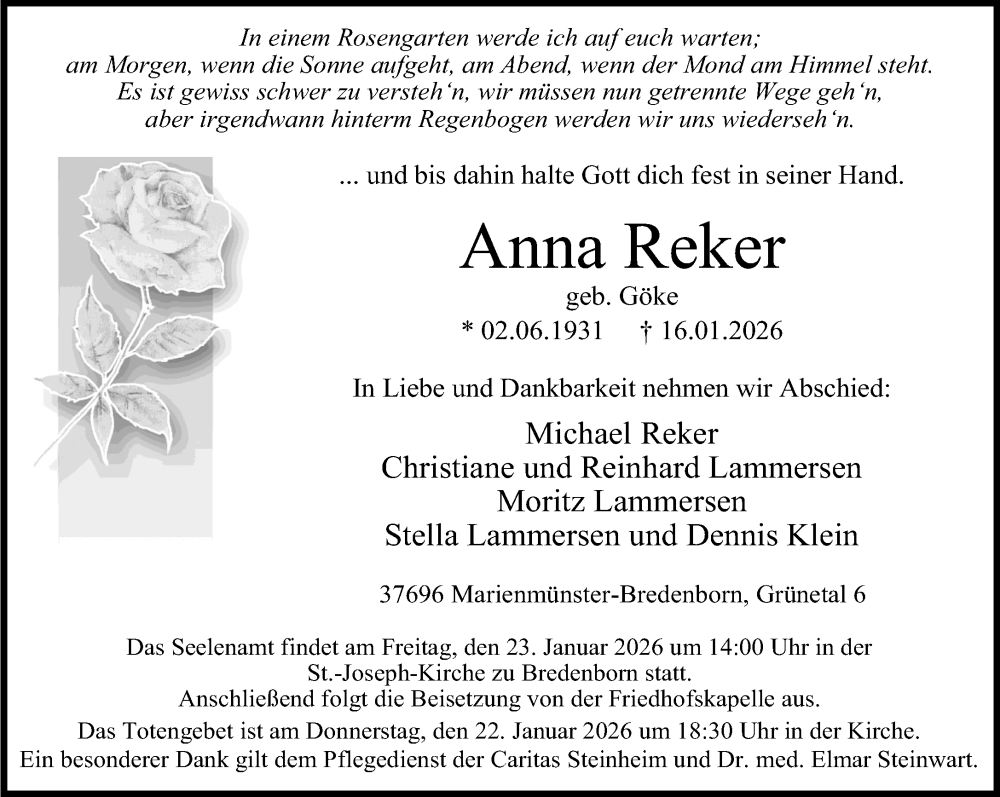  Traueranzeige für Anna Reker vom 21.01.2026 aus Neue Westfälische und Westfalen-Blatt