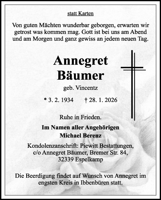 Traueranzeige von Annegret Bäumer von Neue Westfälische und Westfalen-Blatt