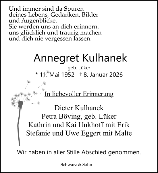 Traueranzeige von Annegret Kulhanek von Neue Westfälische und Westfalen-Blatt