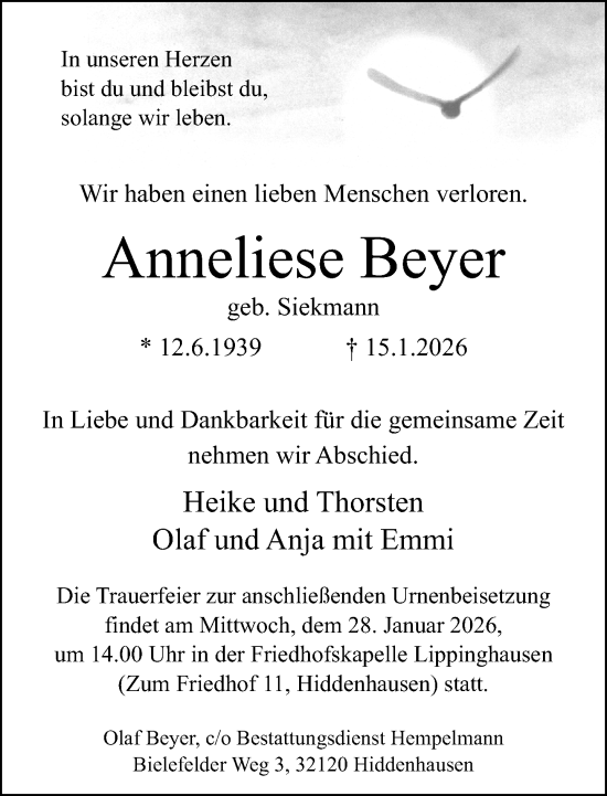 Traueranzeige von Anneliese Beyer von Neue Westfälische und Westfalen-Blatt