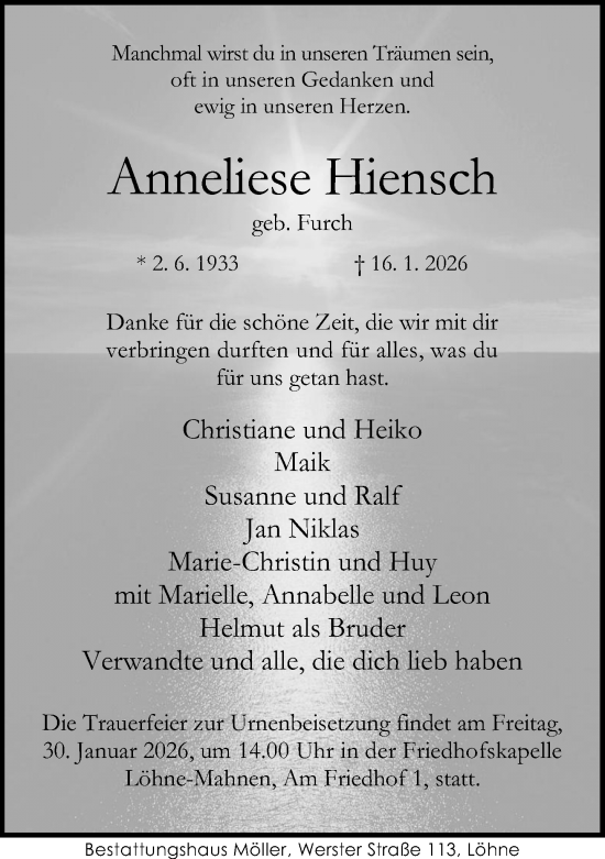 Traueranzeige von Anneliese Hiensch von Neue Westfälische und Westfalen-Blatt