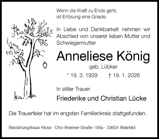 Traueranzeige von Anneliese König von Neue Westfälische und Westfalen-Blatt