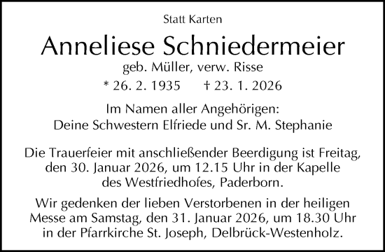 Traueranzeige von Anneliese Schniedermeier von Neue Westfälische und Westfalen-Blatt