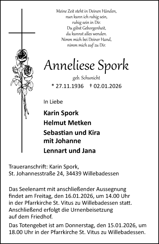 Traueranzeige von Anneliese Spork von Neue Westfälische und Westfalen-Blatt
