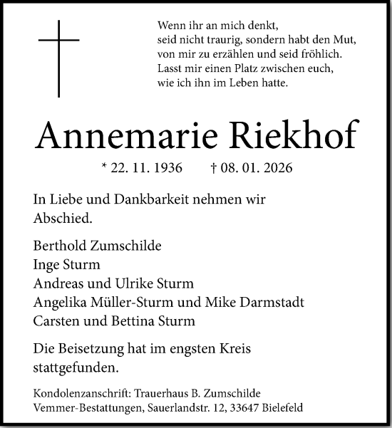 Traueranzeige von Annemarie Riekhof von Neue Westfälische und Westfalen-Blatt