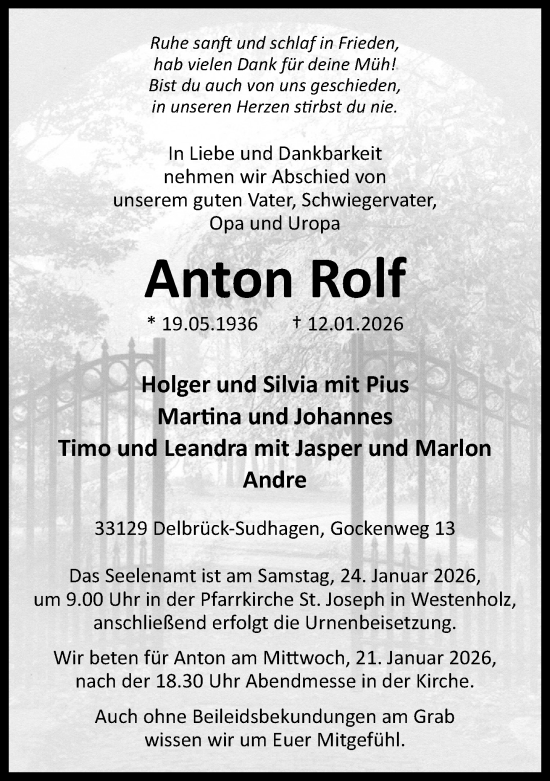 Traueranzeige von Anton Rolf von Neue Westfälische und Westfalen-Blatt