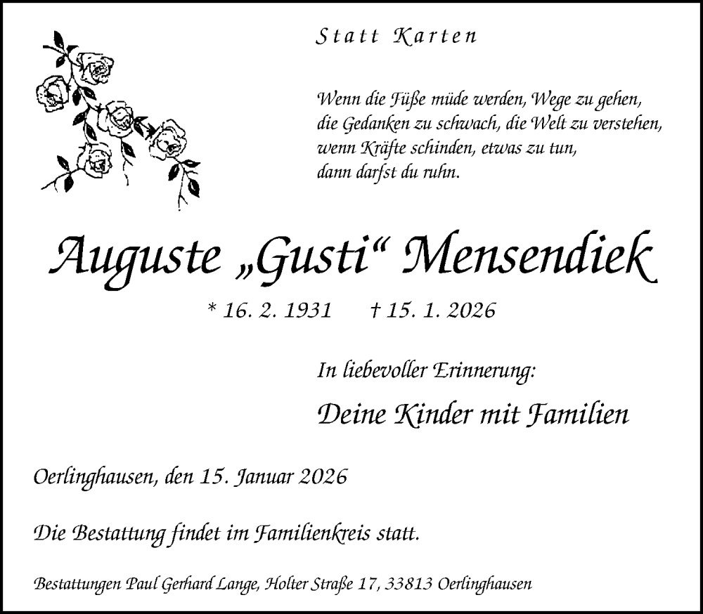  Traueranzeige für Auguste Mensendiek vom 24.01.2026 aus Neue Westfälische und Westfalen-Blatt